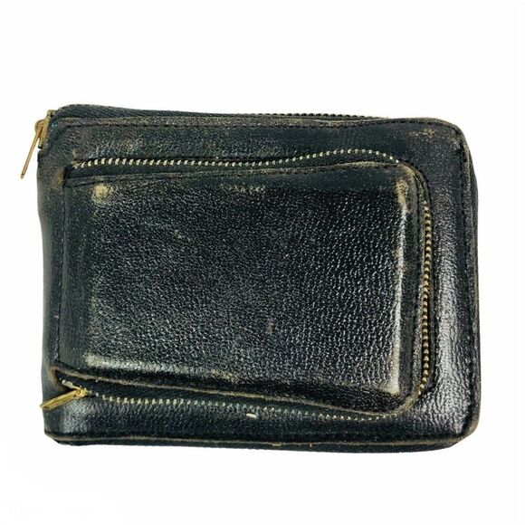 Vintage Womans Black Leather Wallet Folding Pill Holder Coin Slot Make Up - Picture 1 of 8